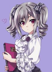 Rule 34 | 1girl, ascot, black border, blue background, book, border, bow, closed mouth, commentary, dress shirt, drill hair, flower, frilled bow, frilled sleeves, frills, from side, hair bow, heart, highres, holding, holding book, idolmaster, idolmaster cinderella girls, kanzaki ranko, kuroi mimei, light frown, lolita fashion, long sleeves, looking at viewer, medium hair, purple eyes, purple flower, purple rose, rose, shirt, silver hair, simple background, solo, standing, twin drills, twintails, upper body, white ascot, white shirt, wing collar