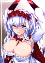 Rule 34 | 1girl, apron, armpits, arms up, azur lane, blue eyes, bow, bowtie, breasts, cleavage, dress, elbing (azur lane), elbing (the throne of misfortune) (azur lane), frilled apron, frilled hairband, frills, hair between eyes, hairband, heterochromia, large breasts, long hair, official alternate costume, red bow, red bowtie, red eyes, red hairband, solo, tetsuhige, upper body, white apron, white dress, white hair