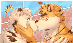 Rule 34 | 2boys, absurdres, artist request, bara, blush, closed eyes, couple, dog boy, forked eyebrows, from side, furry, furry male, furry with furry, hand on another&#039;s cheek, hand on another&#039;s face, heart, highres, kiss, male focus, multiple boys, short hair, surprise kiss, surprised, thick eyebrows, tiger boy, yaoi