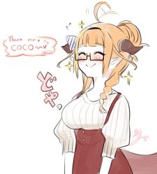 Rule 34 | 1girl, ahoge, alternate costume, blunt bangs, blush, bow, braid, breasts, diagonal-striped bow, dragon girl, dragon horns, dragon tail, english text, expressive hair, glasses, hairband, happy, hololive, horns, isuka, kiryu coco, large breasts, medium hair, orange hair, pointy ears, simple background, single braid, smile, solo, sparkle, standing, tail, virtual youtuber, white background