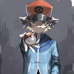 Rule 34 | 1boy, baseball cap, blue jacket, brown eyes, brown hair, commentary request, creatures (company), game freak, grey background, hat, highres, hilbert (pokemon), holding, holding poke ball, jacket, looking at viewer, male focus, nintendo, orange hat, parted lips, poke ball, poke ball (basic), poke ball print, pokemon, pokemon bw, short hair, sketch, solo, upi (ukn18pkanother), upper body, zipper pull tab