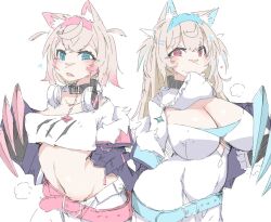 Rule 34 | 2girls, @ @, belt, belt collar, black belt, black collar, black jacket, blonde hair, blue eyes, blue hair, blush, breasts, cleavage, closed mouth, collar, cropped jacket, cropped shirt, fake claws, fang, fuwawa abyssgard, fuwawa abyssgard (1st costume), grilled saba, hair ornament, hairpin, headphones, headphones around neck, heart, highres, hololive, hololive english, jacket, large breasts, long hair, looking at viewer, medium hair, midriff, mococo abyssgard, mococo abyssgard (1st costume), mouth hold, multicolored hair, multiple girls, navel, open mouth, pink belt, pink eyes, pink hair, shirt, short shorts, shorts, siblings, sisters, skirt, skirt set, small breasts, streaked hair, twins, virtual youtuber, white shirt, white shorts, white skirt, x hair ornament