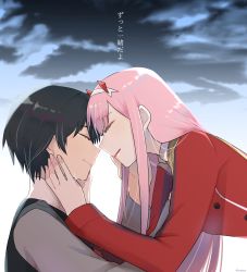 Rule 34 | 10s, 1boy, 1girl, black hair, closed eyes, cloud, cloudy sky, commentary request, couple, darling in the franxx, face-to-face, facing another, forehead-to-forehead, hair ornament, hairband, hands on another&#039;s face, heads together, hetero, highres, hiro (darling in the franxx), horns, long hair, long sleeves, military, military uniform, oni horns, pink hair, red horns, relative94, short hair, sky, translation request, uniform, white hairband, zero two (darling in the franxx)
