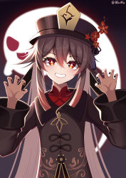 Rule 34 | 1girl, absurdres, black nails, brown hair, chinese clothes, claw pose, fang, genshin impact, ghost, highres, hu tao (genshin impact), long hair, long sleeves, looking at viewer, nail polish, open mouth, qiynana, red eyes, smile, solo, star-shaped pupils, star (symbol), symbol-shaped pupils, twintails, wide sleeves