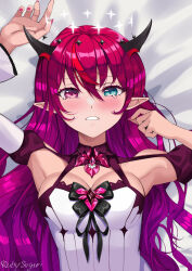 Rule 34 | 1girl, aqua eyes, arm up, armpits, black bow, black horns, bow, breasts, cleavage cutout, clothing cutout, commission, demon girl, dress, hair between eyes, halo, heterochromia, hololive, hololive english, horns, irys (irys 2.0) (hololive), irys (hololive), long hair, lying, medium breasts, on back, pink nails, pointy ears, purple eyes, purple hair, red hair, ruby suguri, signature, sleeveless, sleeveless dress, solo, tearing up, virtual youtuber, white dress