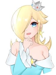 Rule 34 | 1girl, :d, aqua dress, bare shoulders, blonde hair, blue eyes, blush, collarbone, commentary request, crown, dress, earrings, eyelashes, frilled sleeves, frills, hair over one eye, hand on own chin, hand up, highres, jewelry, long hair, long sleeves, looking at viewer, mario (series), nintendo, off-shoulder dress, off shoulder, one eye covered, open mouth, parted bangs, rosalina, sidelocks, simple background, single earring, smile, solo, sparkle, star (symbol), star earrings, super mario galaxy, swept bangs, tomatomiya, upper body, white background, wide sleeves