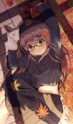 Rule 34 | 1girl, arms up, autumn leaves, black-framed eyewear, black bow, black serafuku, black shirt, black skirt, blue eyes, blush, bow, brown hair, brown sailor collar, closed mouth, commentary request, feet out of frame, glasses, hand puppet, highres, leaf, long hair, long sleeves, lying, maple leaf, midriff peek, mimikaki (men bow), on back, original, pleated skirt, puppet, sailor collar, school uniform, serafuku, shirt, skirt, smile, solo, thick eyebrows, very long hair