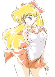 1girl aino_minako bishoujo_senshi_sailor_moon blonde_hair blue_eyes breasts choker circlet closed_mouth collarbone commentary_request cowboy_shot hair_ribbon highleg inner_senshi leotard looking_at_viewer medium_breasts okuri_ookami ribbon sailor_venus short_sleeves skirt smile solo white_leotard