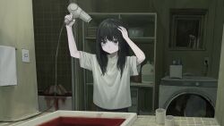 Rule 34 | 1girl, arms up, bathroom, bathtub, black hair, black pants, blood, closed mouth, commentary request, corpse, cowboy shot, cup, drying, drying hair, expressionless, grey eyes, hair dryer, highres, holding, holding hair dryer, implied murder, indoors, long hair, looking at mirror, mirror, night, original, pants, reflection, sakiika0513, shelf, shirt, short sleeves, sink, solo, t-shirt, washing machine, white shirt, window