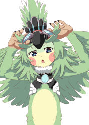 Rule 34 | 1girl, :o, arms up, blue eyes, blush, body fur, feathered wings, feathers, finch (xenoblade), goggles, goggles on head, green feathers, green hair, green wings, kageyasu, looking at viewer, open mouth, simple background, solo, upper body, white background, wings, xenoblade chronicles (series), xenoblade chronicles 2