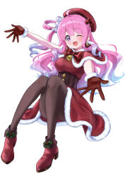 Rule 34 | 1girl, 4kimizuki, absurdres, christmas, hat, highres, himemori luna, hololive, long hair, looking at viewer, one eye closed, open mouth, pink hair, purple eyes, red hat, santa costume, simple background, smile, solo, virtual youtuber