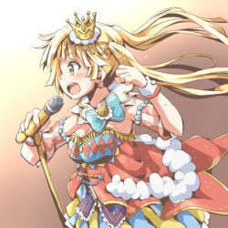 Rule 34 | 1girl, bang dream!, blonde hair, blue bow, bow, clenched hand, crown, detached sleeves, dress, earrings, fringe trim, fur trim, jewelry, layered dress, long hair, microphone, microphone stand, multicolored clothes, multicolored dress, riai (onsen), solo, striped, striped sleeves, sweat, tsurumaki kokoro, twintails, wrist cuffs, yellow eyes