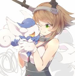 Rule 34 | 10s, 2girls, bad id, bad pixiv id, bare shoulders, breasts, brown hair, cat, cheek-to-cheek, creatures (company), crossover, game freak, gen 4 pokemon, gen 6 pokemon, gloves, green eyes, headgear, heads together, hug, kantai collection, large breasts, meowstic, meowstic (female), multiple girls, mutsu (kancolle), nintendo, personification, pokemon, pokemon (creature), pokoten (pokoten718), purugly, short hair, smile