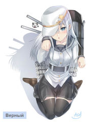 Rule 34 | 10s, 1girl, :o, asdj, black skirt, black thighhighs, blue eyes, breasts, character name, flat cap, full body, hair over one eye, hammer and sickle, hat, hibiki (kancolle), kantai collection, long hair, long sleeves, looking at viewer, machinery, medium breasts, paw pose, pleated skirt, school uniform, serafuku, silver hair, sitting, skirt, solo, star (symbol), thighhighs, turret, verniy (kancolle), wariza, white hat