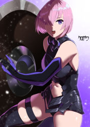 Rule 34 | 1girl, armor, armored leotard, artist name, bare shoulders, black armor, black gloves, black legwear, breasts, clothing cutout, commentary, cowboy shot, elbow gloves, eyebrows hidden by hair, fate/grand order, fate (series), gloves, hair between eyes, hair over one eye, highres, holding, holding shield, kurozawa yui, large breasts, light particles, looking at viewer, mash kyrielight, navel, navel cutout, open mouth, pink hair, purple background, purple gloves, purple hair, shield, short hair, sidelocks, simple background, skindentation, solo, standing, teeth, thigh strap, upper teeth only