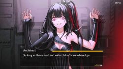 Rule 34 | 1girl, :d, architect (girls&#039; frontline), black hair, breasts, character name, cleavage, english text, game cg, girls&#039; frontline, hands up, infukun, long hair, looking at viewer, medium breasts, one side up, open mouth, pale skin, pink eyes, sangvis ferri, screencap, side ponytail, smile, teeth, very long hair