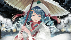 Rule 34 | 1girl, :d, alternate hairstyle, aqua eyes, aqua hair, drill hair, hat, hatsune miku, japanese clothes, leaf, long hair, long sleeves, looking at viewer, michi (iawei), night, night sky, oil-paper umbrella, open mouth, outdoors, parasol, sky, smile, snow, snowing, solo, tree, twin drills, twintails, umbrella, upper body, vocaloid, winter clothes, yuki miku