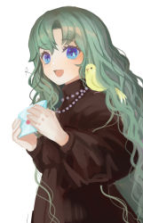 Rule 34 | 1girl, :d, animal, animal on shoulder, bird, bird on shoulder, blue eyes, blush, brown dress, canary, commentary request, dress, green hair, hair between eyes, hands up, highres, holding, holding letter, jewelry, letter, long hair, looking at viewer, necklace, open mouth, original, parted bangs, pearl necklace, rosette (roze-ko), signature, simple background, smile, solo, upper body, very long hair, wavy hair, white background