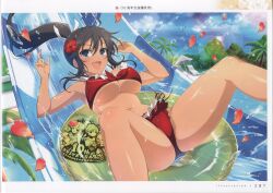 Rule 34 | 1girl, absurdres, ass, bare shoulders, bikini, breasts, day, hair ornament, highres, homura (senran kagura), innertube, large breasts, long hair, looking at viewer, official art, open mouth, outdoors, page number, ponytail, scan, senran kagura, senran kagura new link, shiny skin, simple background, smile, solo, swim ring, swimsuit, thighs, yaegashi nan
