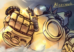Rule 34 | artist name, blitzcrank, clenched hand, commentary request, dated, foreshortening, glowing, glowing eyes, league of legends, machinery, nam (valckiry), no humans, non-humanoid robot, robot, signature, spikes, white eyes