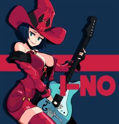 Rule 34 | 1girl, absurdres, aidan core, black hair, blue eyes, boots, breasts, cleavage, crop top, crop top overhang, cropped jacket, electric guitar, fingerless gloves, gloves, guilty gear, guitar, hat, highres, i-no, instrument, large breasts, lipstick, looking at viewer, makeup, no bra, o-ring, o-ring top, red footwear, red hat, solo, thigh boots, thighhighs, thighs, witch hat, zettai ryouiki
