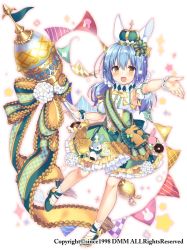 Rule 34 | 1girl, :d, animal ears, bare legs, blue hair, bobby socks, bow, rabbit, crown, dress, flower, flower knight girl, frills, green bow, green dress, holding, holding staff, kodemari (flower knight girl), long hair, looking at viewer, morinaga kobato, official art, open mouth, outstretched hand, pennant, shoes, simple background, smile, socks, solo, staff, twintails, white background, wrist cuffs, yellow eyes