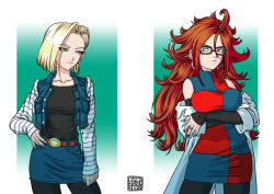 Rule 34 | 1girl, android 18, android 21, artist name, black-framed eyewear, black nails, black pantyhose, blade of fury, blonde hair, blue eyes, breast hold, breasts, brown hair, crossed arms, curly hair, dated, denim, denim skirt, detached sleeves, dragon ball, dragon ball fighterz, dress, earrings, eye contact, glasses, hand on own hip, hoop earrings, jewelry, lab coat, large breasts, long hair, looking at another, nail polish, pantyhose, ring, short dress, short hair, skirt, solo, striped, striped sleeves, vest