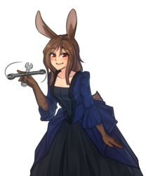 Rule 34 | 1girl, animal ears, blush, brown hair, rabbit ears, rabbit tail, commentary, dress, fur, highres, long hair, looking at viewer, monorus, monster girl, motion lines, original, red eyes, simple background, smile, solo, tail, white background, wrench