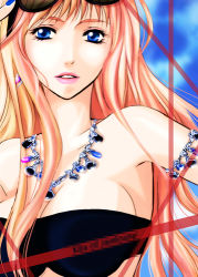 Rule 34 | 00s, 1girl, armlet, bad id, bad pixiv id, bare shoulders, blonde hair, blue eyes, blue nails, breasts, cleavage, dcvermeer, earrings, jewelry, large breasts, lowres, macross, macross frontier, nail polish, necklace, sheryl nome, solo