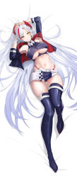 Rule 34 | 1girl, absurdres, azur lane, belt, boots, breasts, checkered flag, clothing cutout, cropped shirt, earpiece, flag, full body, headgear, highres, jacket, large breasts, long hair, looking at viewer, lying, multicolored hair, navel, official alternate costume, on back, panties, panty straps, prinz eugen (azur lane), prinz eugen (final lap) (azur lane), purple footwear, purple jacket, race queen, red hair, red panties, solo, song-hwaryeong, streaked hair, thigh boots, two-tone hair, two-tone skirt, underboob, underboob cutout, underwear, very long hair, white belt, white hair, yellow eyes