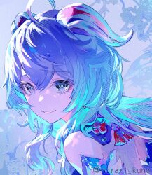 Rule 34 | 1girl, ahoge, artist name, bare shoulders, blue eyes, blue hair, bow, close-up, detached sleeves, from side, ganyu (genshin impact), genshin impact, horns, long hair, looking at viewer, looking back, low ponytail, norari kuno, sidelocks, smile, solo, upper body, white sleeves