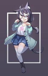 Rule 34 | 1girl, ;d, animal ear fluff, animal ears, black footwear, black hair, blue eyes, blue jacket, blue skirt, boots, cat ears, cat girl, cat tail, collarbone, commentary, cross-laced footwear, glasses, grey background, hair between eyes, highres, jacket, lace-up boots, long sleeves, looking at viewer, miya (miyaruta), multicolored hair, one eye closed, open clothes, open jacket, open mouth, original, pleated skirt, puffy long sleeves, puffy sleeves, round eyewear, shirt, skirt, sleeves past wrists, smile, solo, standing, standing on one leg, streaked hair, tail, thighhighs, two-tone background, white background, white hair, white shirt, white thighhighs