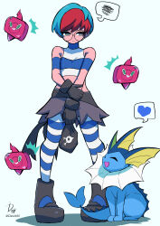 1girl absurdres black_footwear black_gloves blue_hair blush cellphone closed_eyes closed_mouth cosplay creatures_(company) fins frown game_freak gen_1_pokemon gen_4_pokemon glasses gloves grey_eyes grey_skirt hand_on_own_wrist head_fins highres ida_(idalol490) multicolored_hair nintendo open_mouth penny_(pokemon) phone pokemon pokemon_(creature) pokemon_oras pokemon_sv red_hair rotom rotom_phone round_eyewear shirt short_hair simple_background skirt smartphone standing striped_clothes striped_leggings striped_shirt tail team_aqua team_aqua_grunt team_aqua_grunt_(cosplay) team_aqua_logo team_aqua_uniform two-tone_hair vaporeon very_short_hair white_background