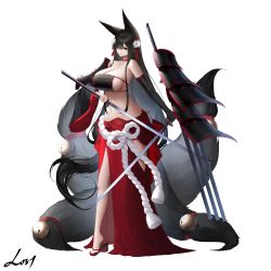Rule 34 | 1girl, absurdres, an yasuri, animal ears, banned artist, bell, bikini, black hair, black tail, breasts, cleavage, flower, fox ears, fox girl, fox tail, full body, hair flower, hair ornament, hair over one eye, highres, holding, holding sword, holding weapon, katana, large breasts, looking at viewer, multiple tails, navel, original, red bikini, red eyes, rope, shoes, signature, simple background, solo, standing, swimsuit, sword, tail, tail bell, tail ornament, thighs, weapon, white background