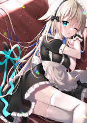 Rule 34 | 1girl, alternate costume, apron, black dress, blonde hair, blue eyes, blue hair, blue ribbon, blush, cat tail, commentary request, couch, dress, drooling, enmaided, feet out of frame, frilled apron, frilled dress, frills, hair between eyes, hair flaps, hands up, indie virtual youtuber, long hair, lying, maid, maid headdress, mouth drool, multicolored hair, on couch, on side, one eye closed, parted lips, puffy short sleeves, puffy sleeves, ribbon, short sleeves, signature, solo, tail, tail raised, thighhighs, two-tone hair, uchuuneko, uchuuneko (vtuber), very long hair, virtual youtuber, white apron, white thighhighs, wrist cuffs