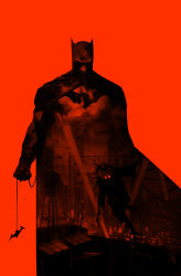 1boy absurdres batarang batman batman_(series) batman_symbol black_mask cape city dc_comics hashtag-only_commentary highres holding holding_rope jorge_jimenez male_focus mask red_background red_theme rope simple_background standing superhero_costume western_comics_(style)