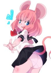 Rule 34 | 1girl, animal ears, ass, blue eyes, from behind, furry, furry female, highres, looking back, mouse ears, mouse tail, open mouth, original, outstretched arm, outstretched hand, panties, pink hair, school uniform, serafuku, shirt, short hair, skirt, smile, solo, tail, underwear, white panties, yuuki (yuyuki000)