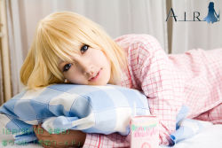 Rule 34 | air (visual novel), bed, blonde hair, cosplay, kamio misuzu, pajamas, photo (medium), saya (cosplayer)