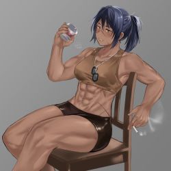 Rule 34 | 1girl, abs, arm up, black hair, black shorts, blush, brown sports bra, chair, cigarette, cup, feet out of frame, highres, holding, holding cigarette, holding cup, hunyan, jewelry, long hair, muscular, muscular female, navel, necklace, original, parted lips, ponytail, shorts, sitting, smile, solo, sports bra