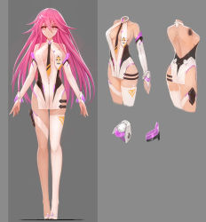 Rule 34 | 1girl, 300 heroes, android, bad id, bad pixiv id, bare shoulders, breasts, center opening, character profile, cleavage, closed mouth, collarbone, grey background, hair ornament, hairclip, highres, long hair, medium breasts, multiple views, navel, necktie, pink hair, red eyes, single thighhigh, smile, tattoo, thigh strap, thighhighs, zhuore zhi hen