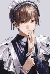 Rule 34 | 1boy, brown eyes, brown hair, buttoned cuffs, buttons, crossdressing, hair between eyes, hand on own face, highres, long sleeves, looking at viewer, maid, maid headdress, original, pomu (joynet), short hair, smile, solo