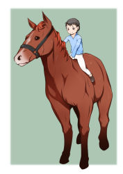 Rule 34 | 1girl, black eyes, black hair, brown hair, child, closed mouth, flat chest, full body, horse, j7w, long sleeves, original, outside border, pants, shirt, shoes, short hair, size difference, smile, v-shaped eyebrows