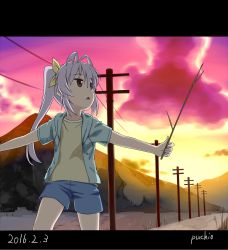 Rule 34 | 1girl, 2016, antenna hair, black border, border, chestnut mouth, commentary request, dated, hair ribbon, highres, letterboxed, long hair, miyauchi renge, mountain, non non biyori, open mouth, outdoors, outstretched arms, power lines, puchio, purple hair, red eyes, ribbon, shorts, signature, solo, stick, sunset, twintails