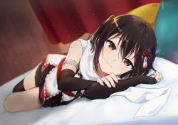 Rule 34 | 1girl, bed, bed sheet, black gloves, black skirt, black thighhighs, blush, brown eyes, brown hair, closed mouth, commentary request, elbow gloves, fingerless gloves, gloves, hair ornament, highres, huge filesize, ica, indoors, jewelry, kantai collection, looking at viewer, lying, neckerchief, on back, on side, pillow, ring, scarf, school uniform, sendai (kancolle), sendai kai ni (kancolle), serafuku, short hair, single thighhigh, skirt, smile, solo, thighhighs, two side up, wedding band, white scarf