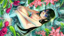 Rule 34 | 1girl, absurdres, artist name, barefoot, black hair, blue eyes, breasts, closed mouth, collarbone, dutch angle, female focus, flower, flower request, from above, from side, full body, glasses, highres, hugging own legs, large breasts, leaf, long hair, looking at viewer, nipples, nude, original, outdoors, phallic symbol, pink flower, plant, rain, red-framed eyewear, rimless eyewear, ripples, rock, sexually suggestive, signature, sitting, sitting on rock, smile, soaking feet, solo, swept bangs, tan (knock up), very long hair, water, water drop, wet, wet hair