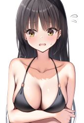 1girl arm_under_breasts armpit_crease bare_shoulders bikini black_bikini black_hair blush breasts cafe_stella_to_shinigami_no_chou cleavage commentary_request earrings embarrassed eyes_visible_through_hair flying_sweatdrops furrowed_brow hair_between_eyes hair_down halterneck highres jewelry large_breasts long_hair looking_to_the_side mole mole_under_eye ncontrail_(mgax7527) open_mouth shiki_natsume simple_background solo straight-on straight_hair stud_earrings sweatdrop swimsuit tsurime upper_body white_background yellow_eyes