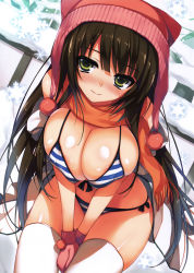 Rule 34 | 1girl, absurdres, areola slip, bikini, black hair, blue bikini, breasts, covered erect nipples, gloves, highres, large breasts, long hair, looking at viewer, orange scarf, scarf, smile, snow, solo, striped bikini, striped clothes, swimsuit, thighhighs, tomose shunsaku, very long hair, white thighhighs, winter clothes