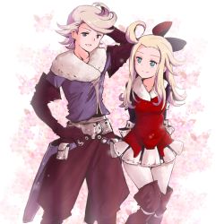 Rule 34 | 1boy, 1girl, bad id, bad pixiv id, banchii, blonde hair, blue eyes, boots, bravely default: flying fairy, bravely default (series), earrings, edea lee, gloves, jewelry, long hair, pantyhose, ribbon, ringabel, smile, thigh boots, thighhighs