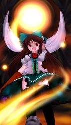 Rule 34 | 1girl, absurdres, arm cannon, bad id, bad pixiv id, black thighhighs, brown hair, cape, fang, female focus, haruta (806060), highres, long hair, red eyes, reiuji utsuho, skirt, solo, thighhighs, third eye, touhou, weapon, wings