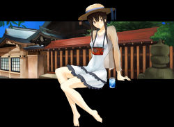 Rule 34 | 1girl, :&lt;, architecture, arm support, bare legs, bare shoulders, barefoot, black hair, blue ribbon, blue sky, blush, bottle, breasts, brown eyes, brown hair, brown hat, building, can, closed mouth, collarbone, day, dress, drink can, east asian architecture, frilled dress, frills, full body, hair between eyes, hat, house, krsg (yuusen wireless), kura, layered dress, letterboxed, long hair, looking at viewer, medium breasts, outdoors, outside border, plant, potted plant, radio, ribbon, see-through, shouji, sidelocks, sitting, sky, sleeveless, sleeveless dress, sliding doors, soda can, solo, statue, strap, sun hat, sundress, taut clothes, taut dress, toes, tree, white dress